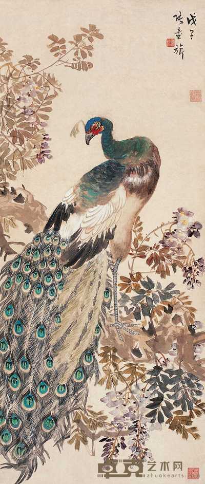 张书旂 1948年作 孔雀 立轴 111.5×47cm